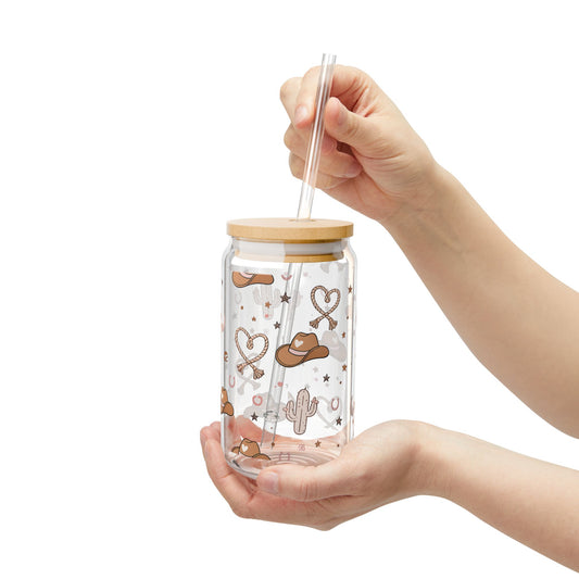 Prairie Hearts 16oz Glass Sipper | Western Cowgirl Tumbler